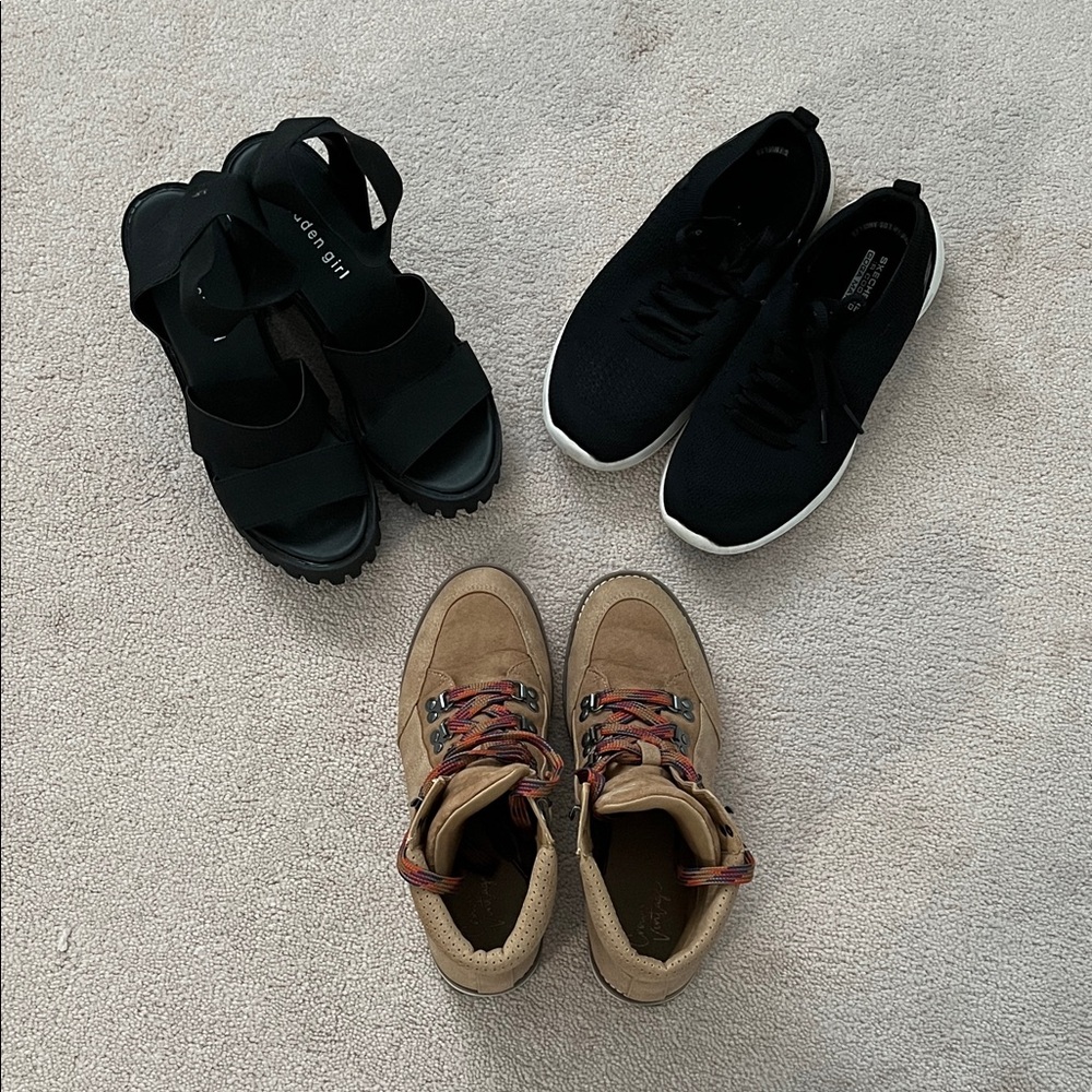 Lot of Black Sneakers, Tan Hiking Boots & Black Sandals for Ladies